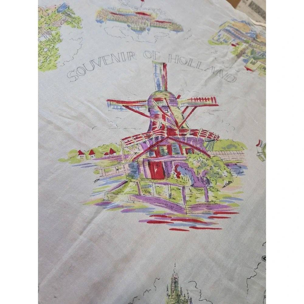 Vintage Souvenir Scarf Holland Windmill Dutch Landmarks Travel Collectible Retro